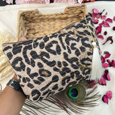 Vriksham Designer Cotton Pouch, Purse for Women with Zipper-Leopard Print-Beige-G19036